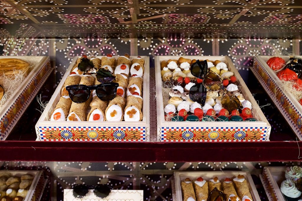 Hand-Painted Sicilian Carts at Harrods Selling Sweets, Watches, Perfume, and Sunglasses